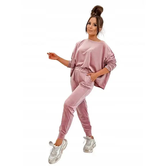 Fløyels Joggedresssett Med Oversized Bluse i Pudder - 1