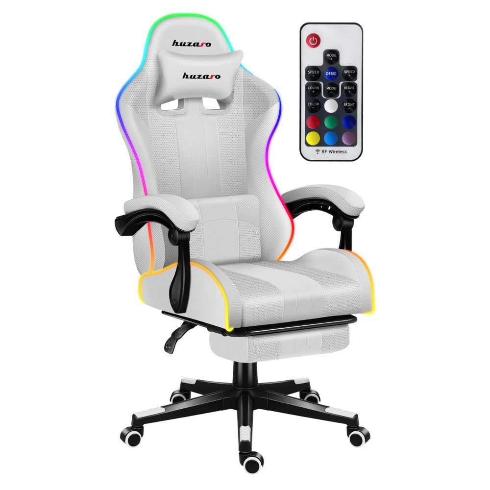 Huzaro Force 4.7 White RGB gamingstol sett forfra med RGB-belysning tent