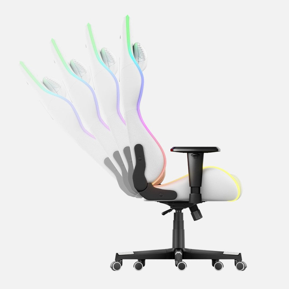 Huzaro Force 6.2 Hvit RGB – RGB LED-strip langs rygg og sete, mørk bakgrunn