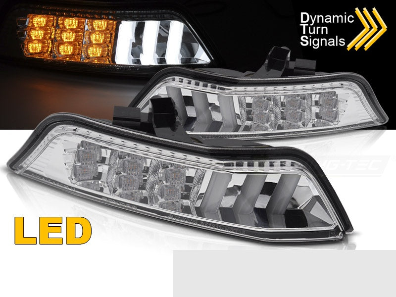 Kromfinishet frontblinklys med dynamisk LED-effekt montert på Ford Mustang