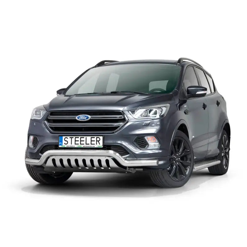 Frontbøyle Ford Kuga 17-19 EC godkjent lav med plate montert på mørk grå SUV med svarte felger.