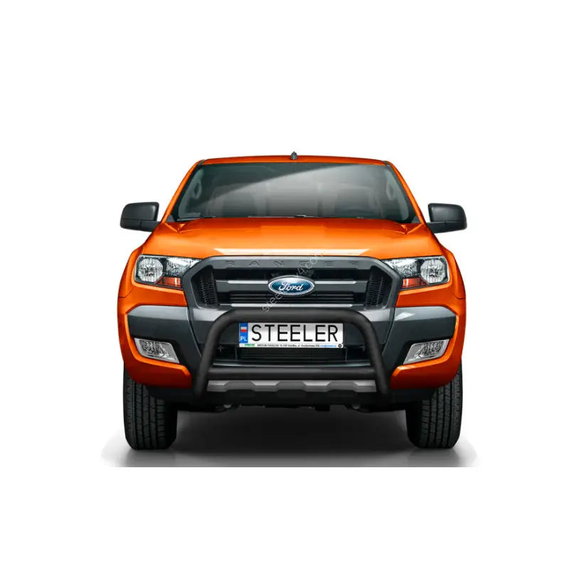 Kufanger Ford Ranger 12-16 EC godkjent med tverrør montert foran grillen på oransje pickup.