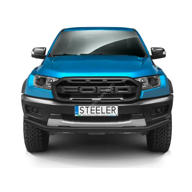 Kufanger på Ford Ranger Raptor 19- montert foran, vist rett forfra med skiltet "STEELER".