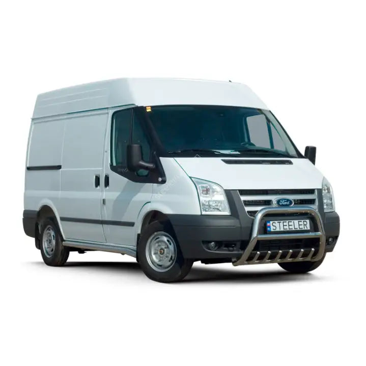 Frontbøyle på hvit Ford Transit 06-12 med høy takhøyde og solide svarte støtfangere.