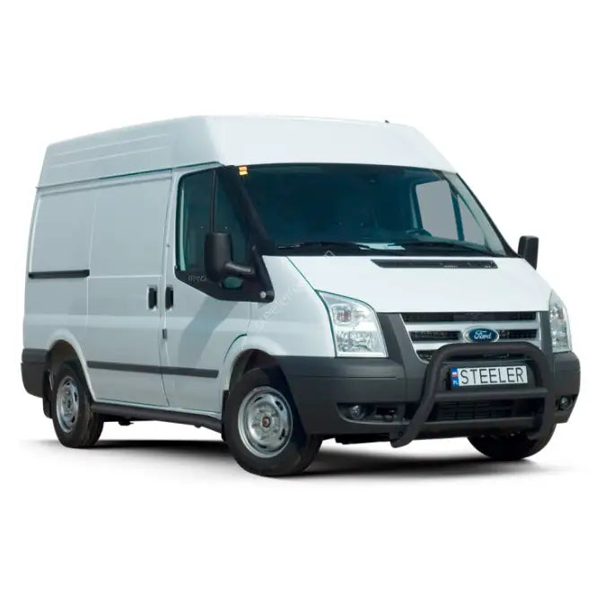 Kufanger på Ford Transit 06-12 med tverrør, montert foran på hvit varebil med høyt tak.