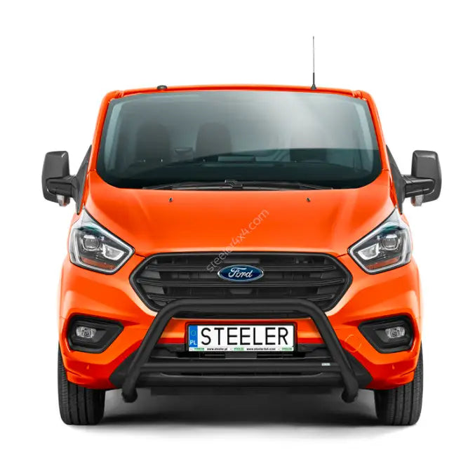 Kufanger på Ford Transit Custom 18-23 med tverrør, montert foran grillen på oransje varebil.