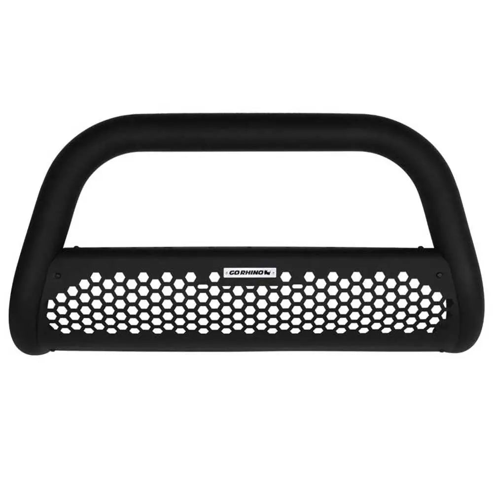 Frontbøyle Go Rhino RC2 for RAM 1500 Classic DS, sort metall med bikakemønstret rist og logo, sett forfra.