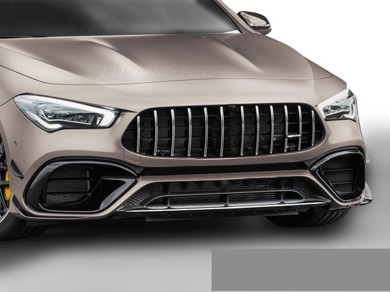 Nærbilde av kromdetaljer på sport frontfanger for Mercedes CLA W118 2019-2023