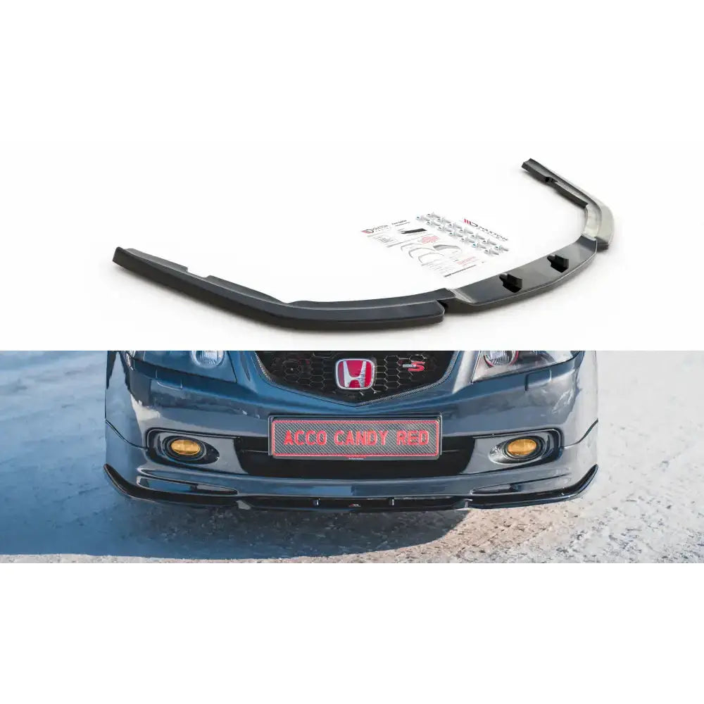 Frontleppe V.3 Honda Accord Mk7 Type-S sort plast, skrå vinkel, montert på blå bil foran.