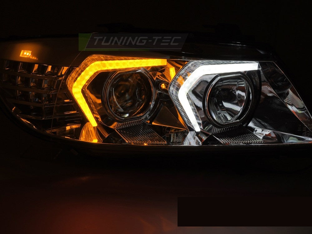 BMW 3-Serie E90 E91 frontlykter LED krom montert visning av lyseffekt