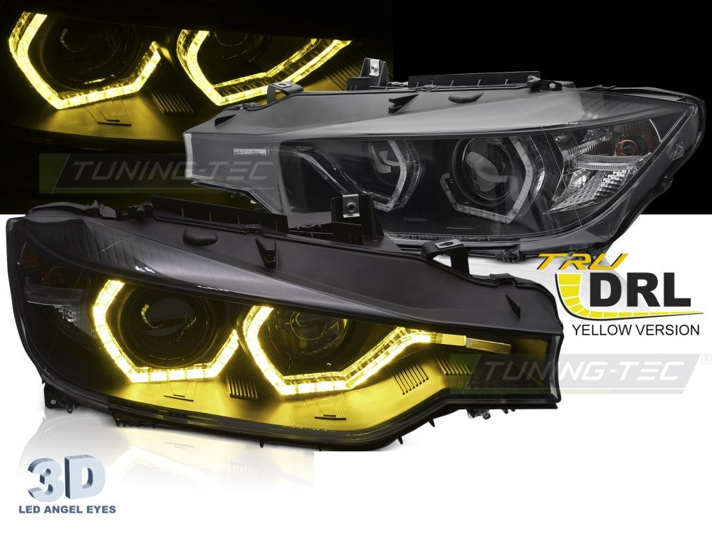 Nærbilde av Angel Eyes-ring og gul LED DRL på frontlykt for BMW F30/F31
