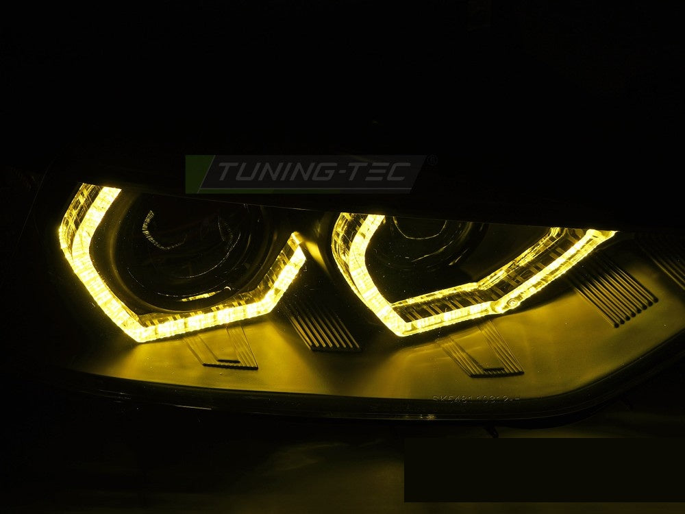 BMW F30/F31 frontlykter med Angel Eyes sett forfra – svart innvendig finish