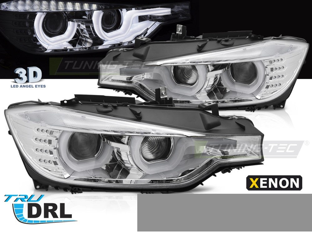 BMW F30 frontlykter med U-formet lysguide og krom innfatning