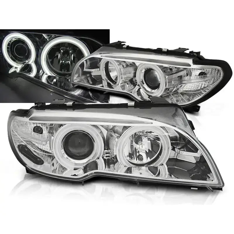 Frontlykter Bmw E46 04.03-06 Coupe / Cabrio Angel Eyes Ccfl Chrome - 1