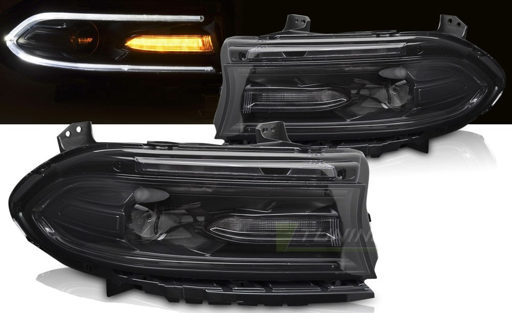 Dodge Charger LED frontlykter med svart hus nærbilde høyre side