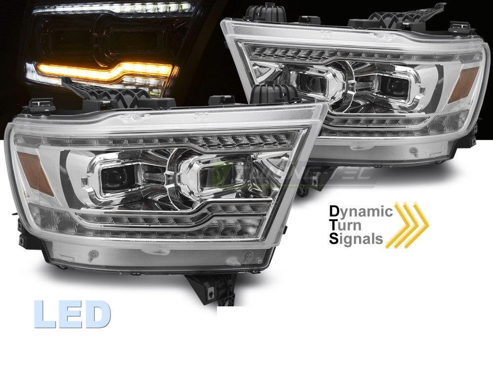 Full LED frontlykter med krom hus til Dodge Ram nærbilde av LED-design
