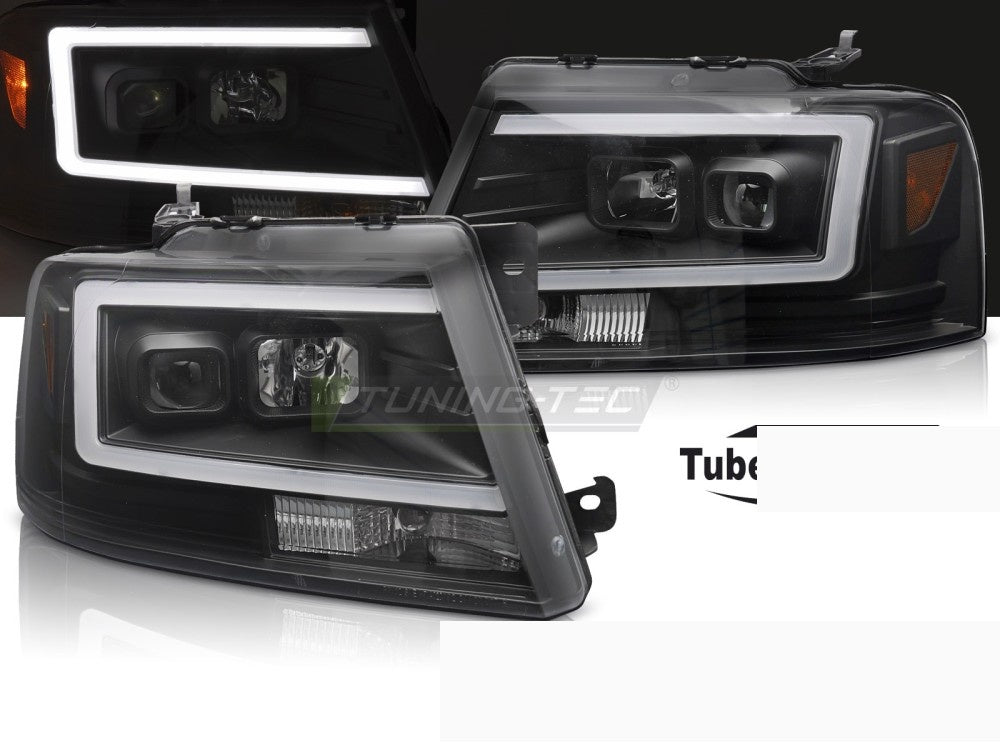 Ford F150 MK11 LED tube frontlykter i svart finish nærbilde