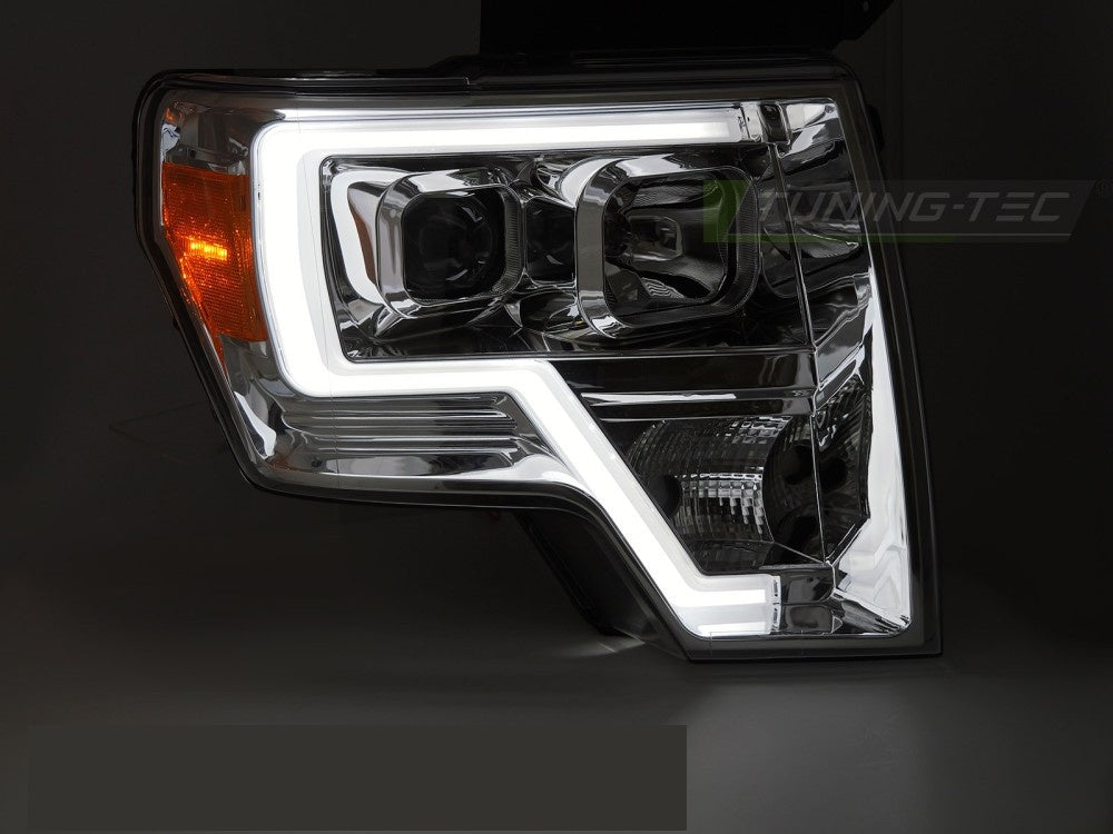 Komplett sett frontlykter Tube Light krom til Ford F150 MK12 venstre og høyre side
