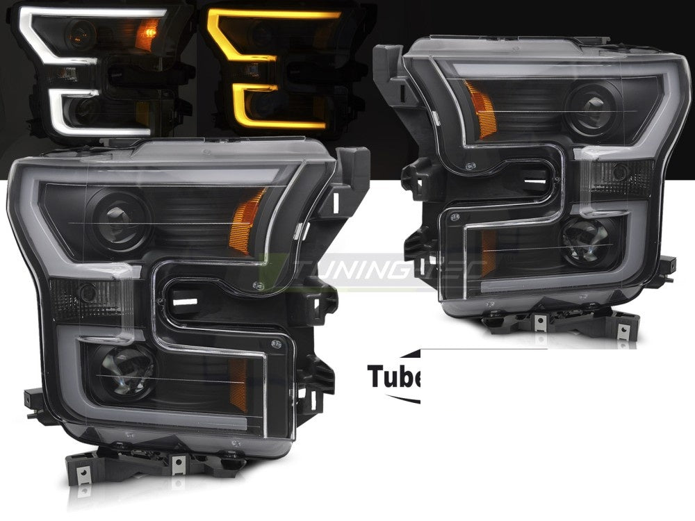 Ford F150 MK13 frontlykter med tube light-stripe i svart finish nærbilde
