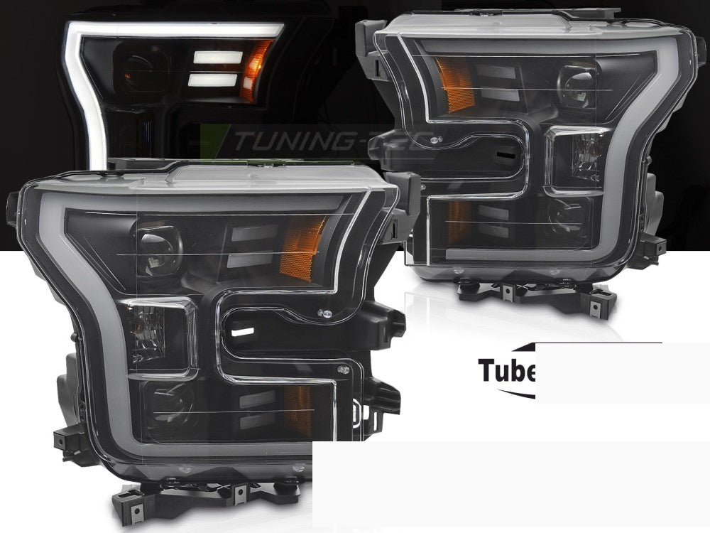 Svarte tube light frontlykter til Ford F150 MK13 nærbilde av lyssignatur