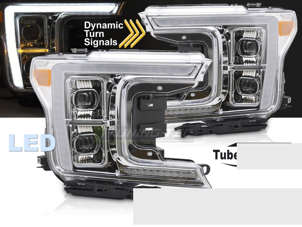 Ford F150 MK13 LED frontlykter med kromhus nærbilde av lykteglass