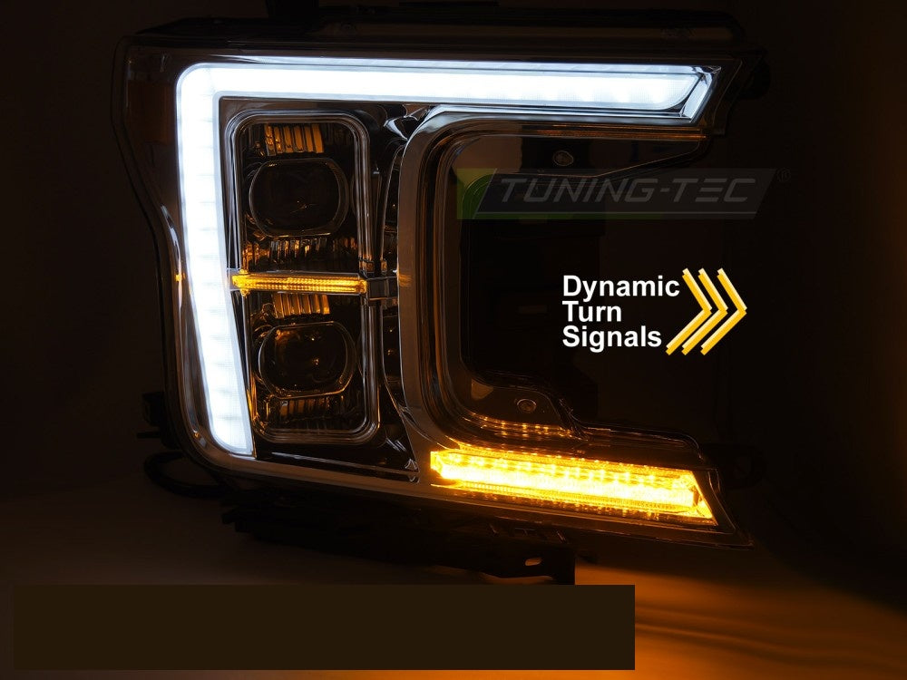 Ford F150 MK13 frontlykter LED krom visning fra siden med reflektordetaljer