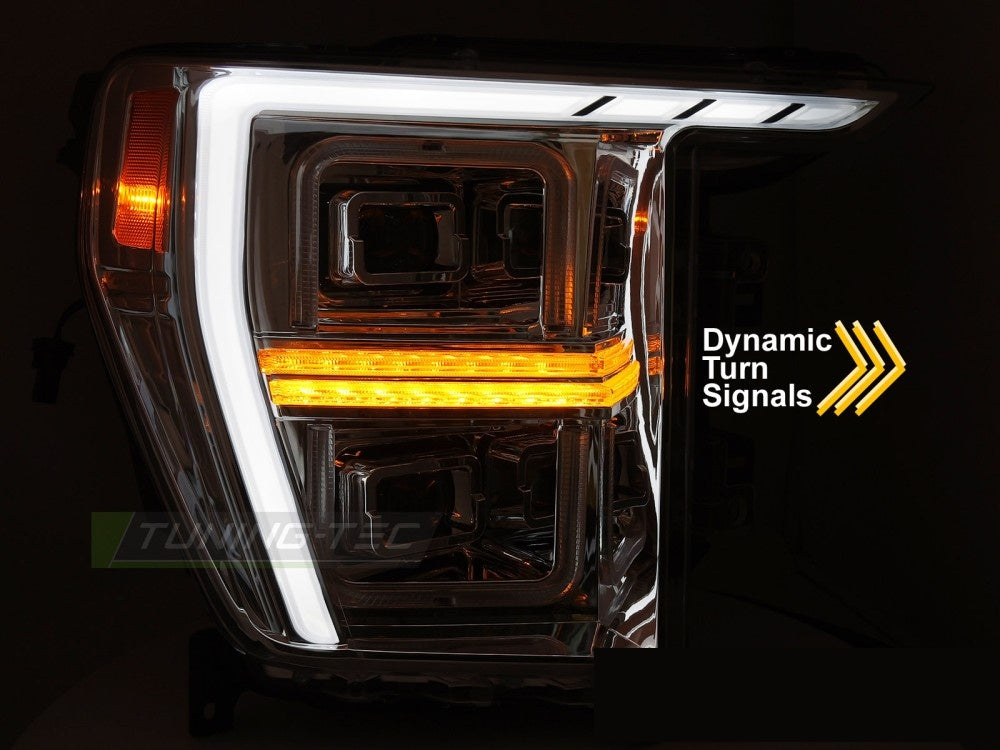 Detalj av tube light-element i krom frontlykt til Ford F150 MK14 2020–2023