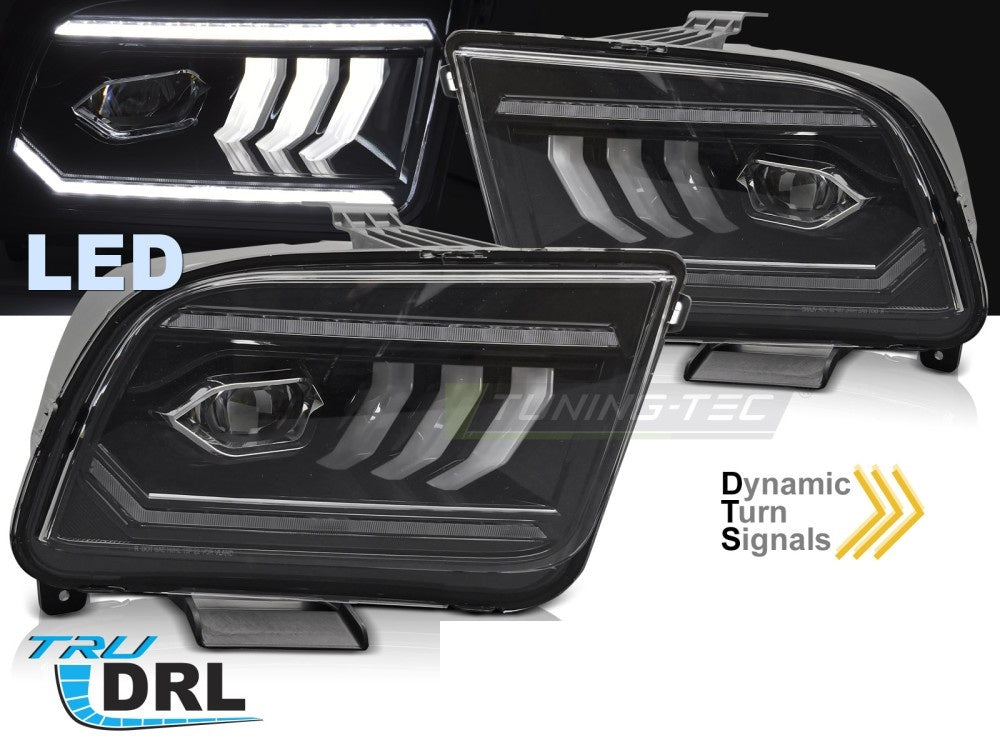 Nærbilde av LED tube-lysstripe i frontlykt til Ford Mustang svart