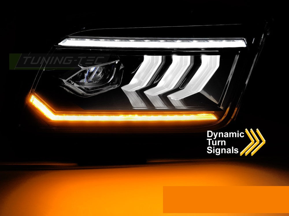 Detaljbilde av svart frontlykt Ford Mustang med LED tube-element
