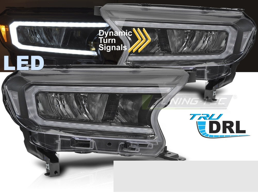 Svarte LED-frontlykter til Ford Ranger V nærbilde av lyktehus med LED-elementer