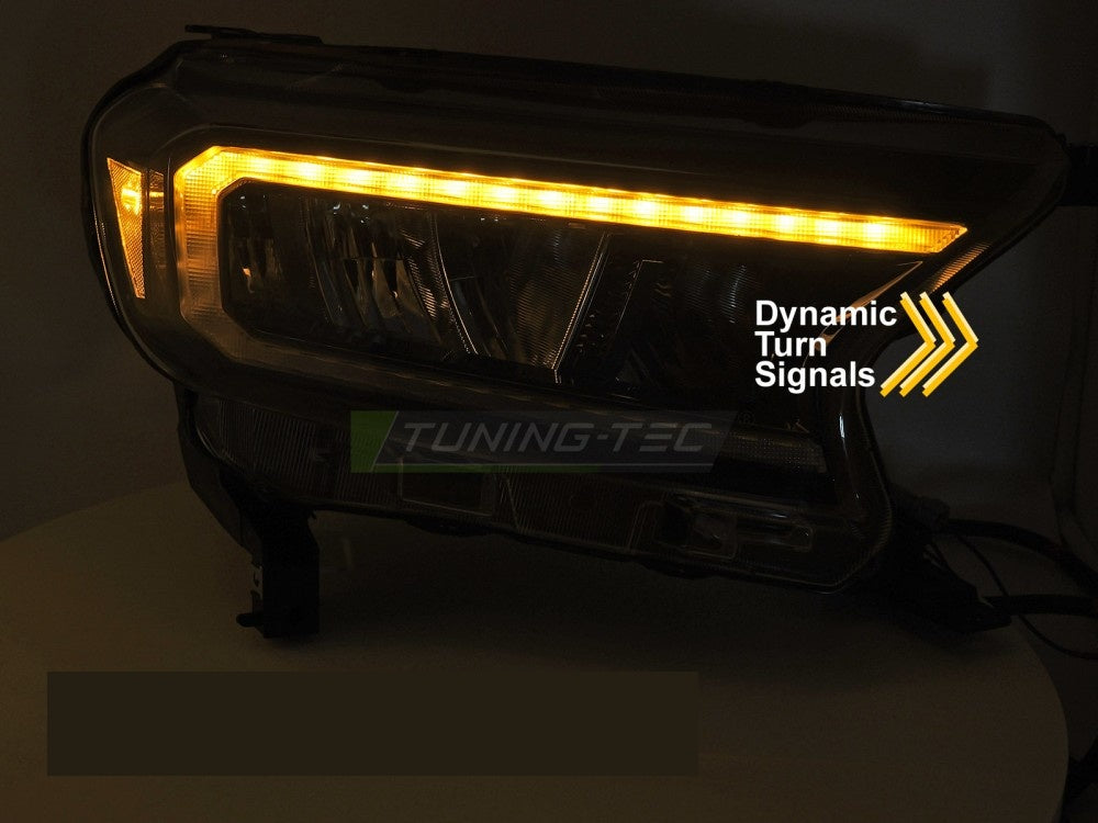 Komplett sett LED frontlykter i svart for Ford Ranger V 2016–2022 bakside med tilkoblinger