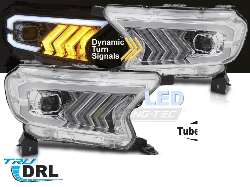 Ford Ranger V frontlykter med tube light-design i krom finish nærbilde