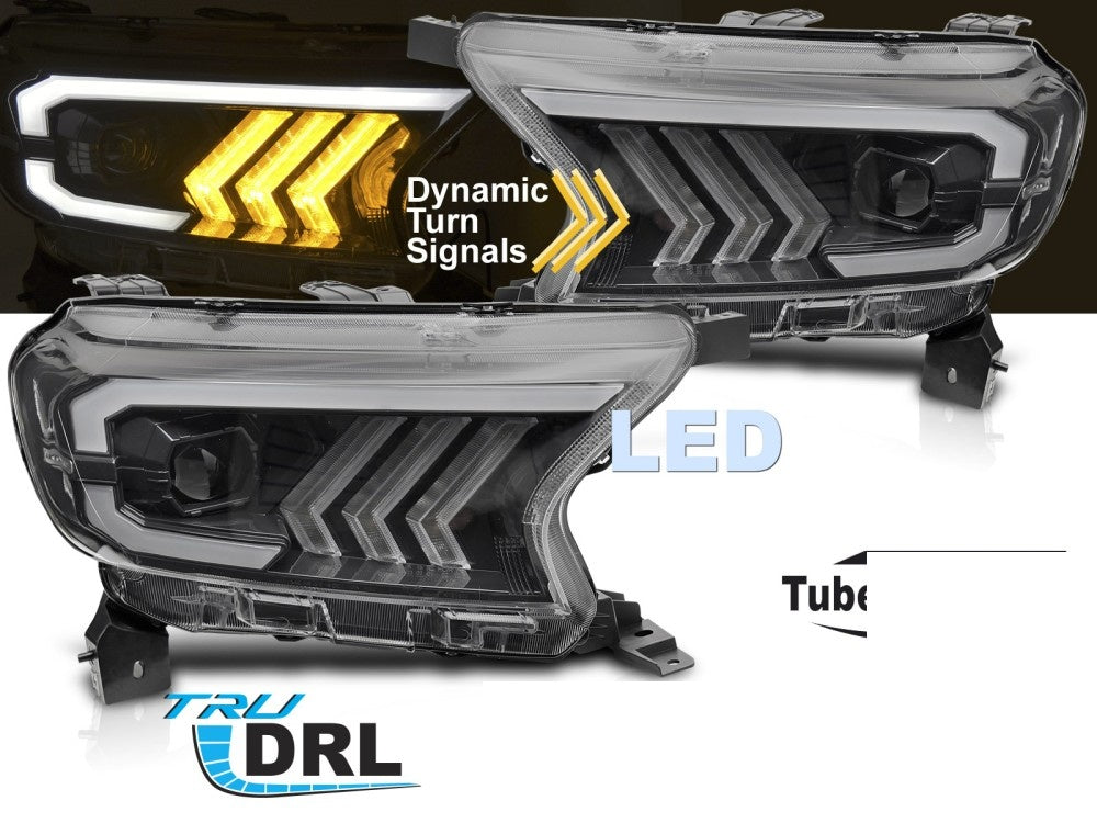 Nærbilde av svart frontlykt med tube light-stripe til Ford Ranger V
