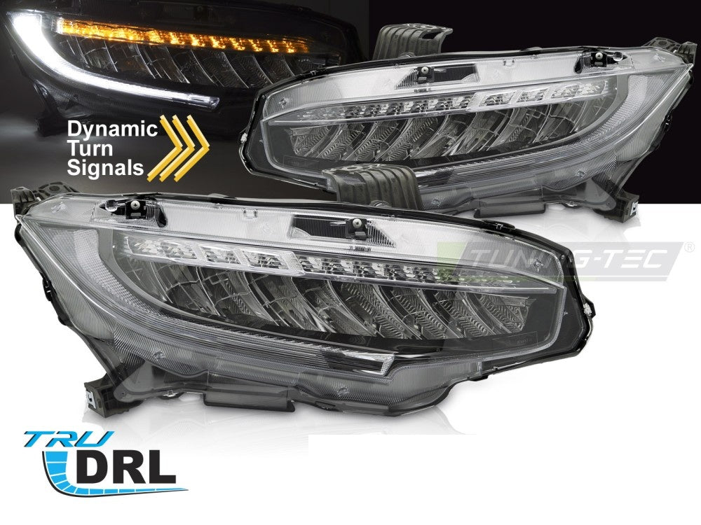 Honda Civic X frontlykter full LED nærbilde av lyktehus og reflektor