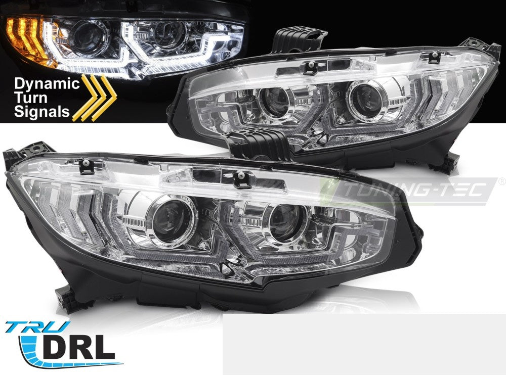 Krom frontlykter til Honda Civic X med integrert LED-kjørelys nærbilde