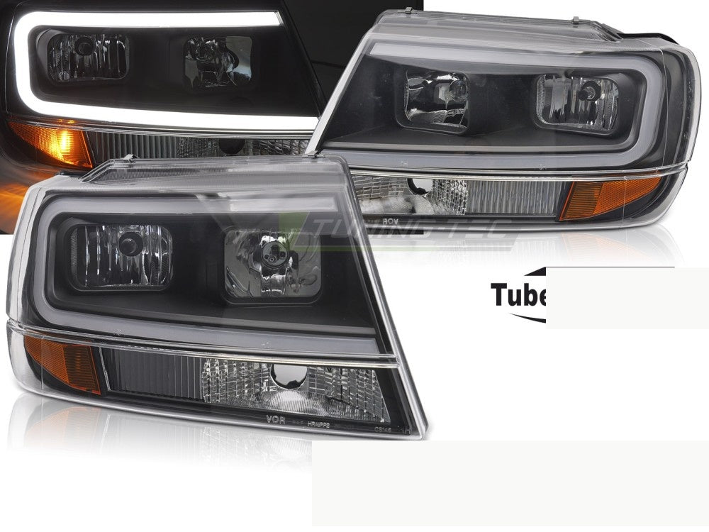 Svarte Tube Light frontlykter til Jeep Grand Cherokee WJ 1999–2005 nærbilde