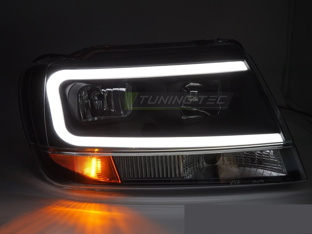 Komplett sett frontlykter Jeep Grand Cherokee WJ svart finish LED-lysbar bakside