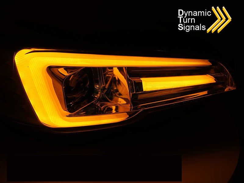 Subaru WRX krom frontlykter LED DRL detaljbilde av lysmodul