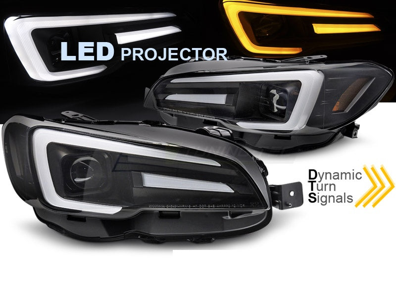 LED frontlykter med DRL til Subaru WRX nærbilde av svart hus og lysdesign