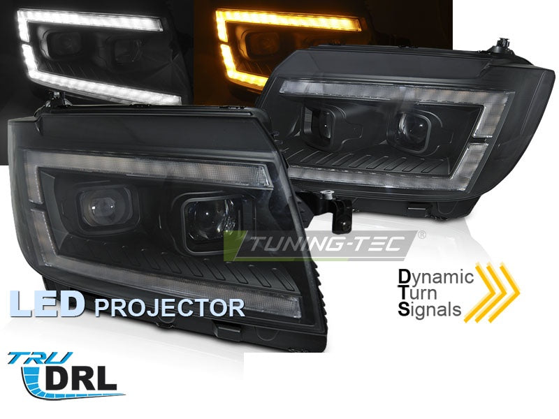 Volkswagen Crafter II svarte LED frontlykter med DRL tube light nærbilde av lyktehus