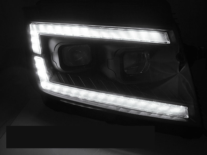 LED frontlykter VW Crafter II 2017 svart hus med dynamisk blinklys sett fra siden