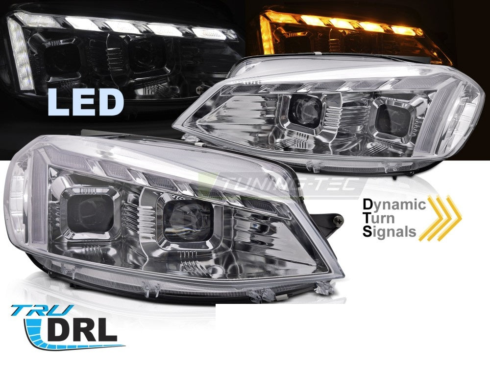 Nærbilde av LED DRL kjørelys på frontlykter til Volkswagen Golf 7 facelift krom