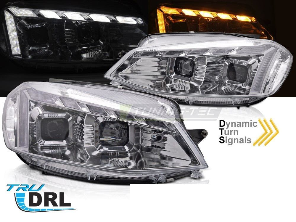 Nærbilde av krom frontlykt med LED kjørelys til Volkswagen Golf 7 facelift