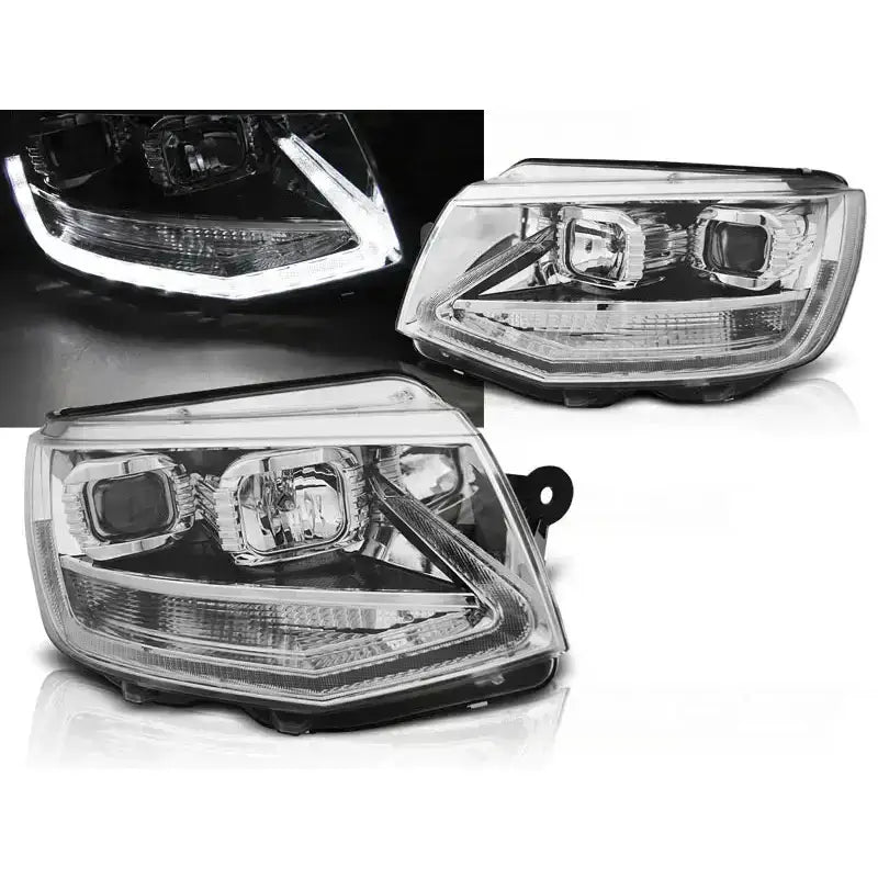 Frontlykter Volkswagen T6 15- Chrome Led Tru DRL med LED-detaljer, skrå frontvinkel og mørk bakgrunn.