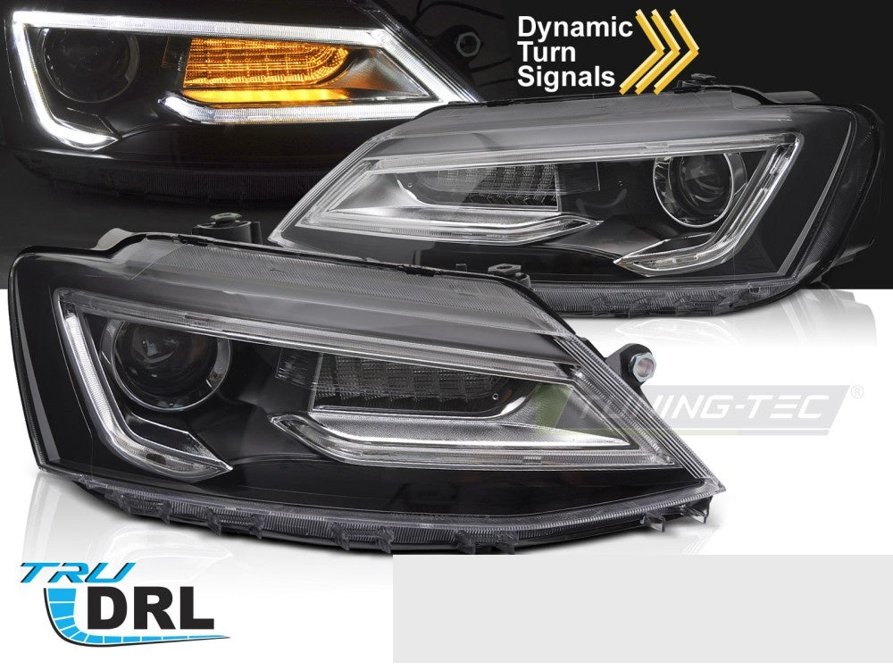 VW Jetta VI Tube Light frontlykter med LED-lysstripe svart hus nærbilde