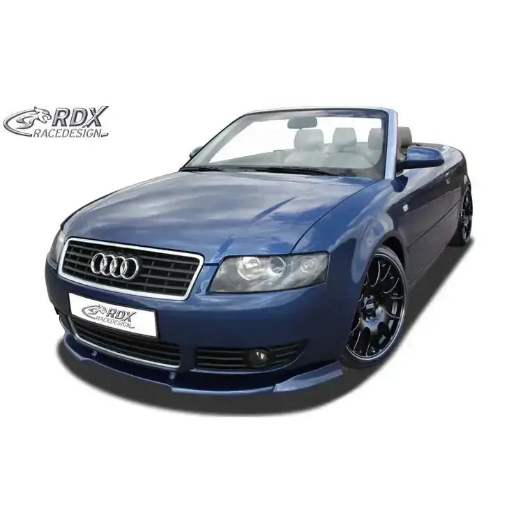 Frontspoiler Audi A4 8H cabriolet i mørk blå, sett forfra fra venstre med svart grill og felger.