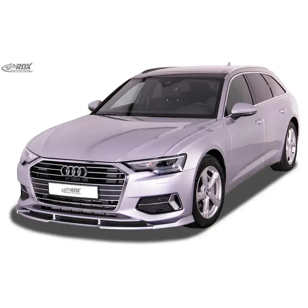 Frontspoiler Audi A6 C8 19- 4K 2F Vario X montert på sølv stasjonsvogn med stor grill og LED-lykter.