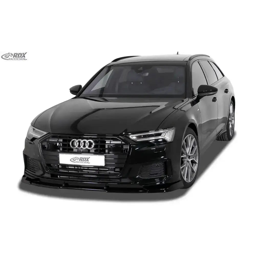 Frontspoiler Audi A6 C8 S-Line 19- montert på sort bil med markert grill og fem-eikers felger.