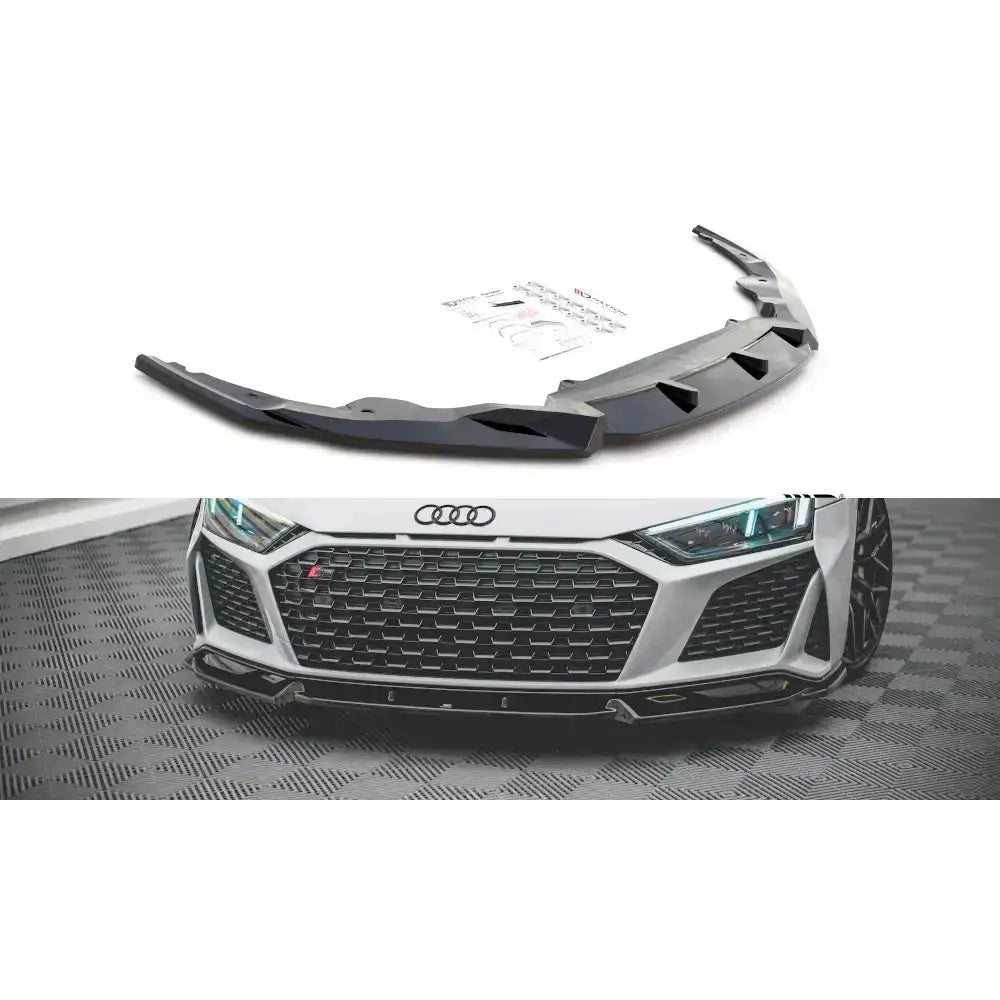 Frontleppe Audi R8 Mk2 Facelift 18- i sort plast sett fra skrå vinkel med monteringsanvisning.