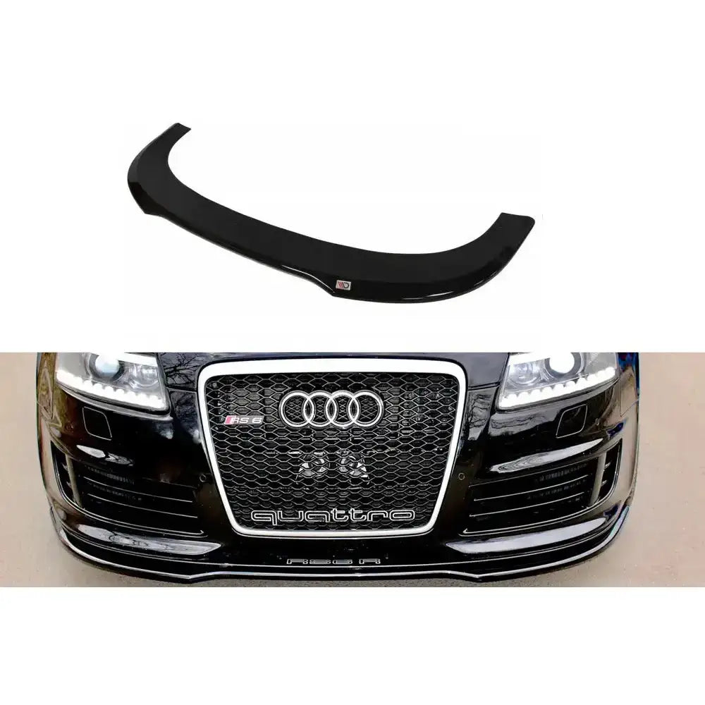Frontleppe Audi Rs6 C6 i sort blank finish, vist separat og montert forfra på bilen.